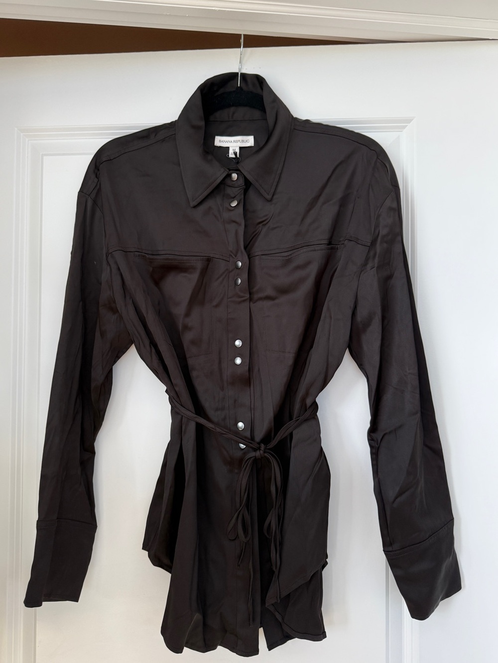 Banana Republic Dark Brown Satin Button-Front Tie Waist Shirt